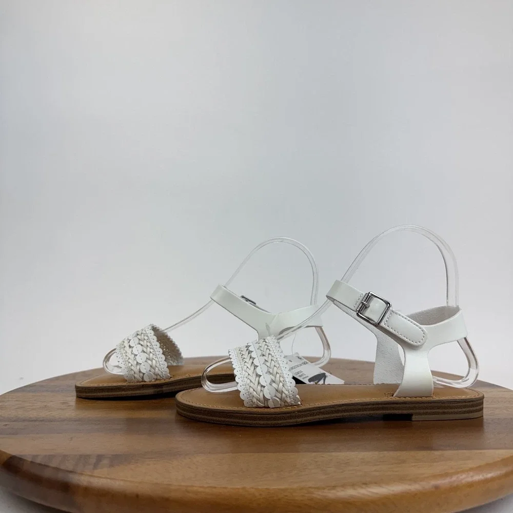 New NWOB Big Kids Mia Auri White Braided Leather Ankle Strap Sandals Size 3 Y‎